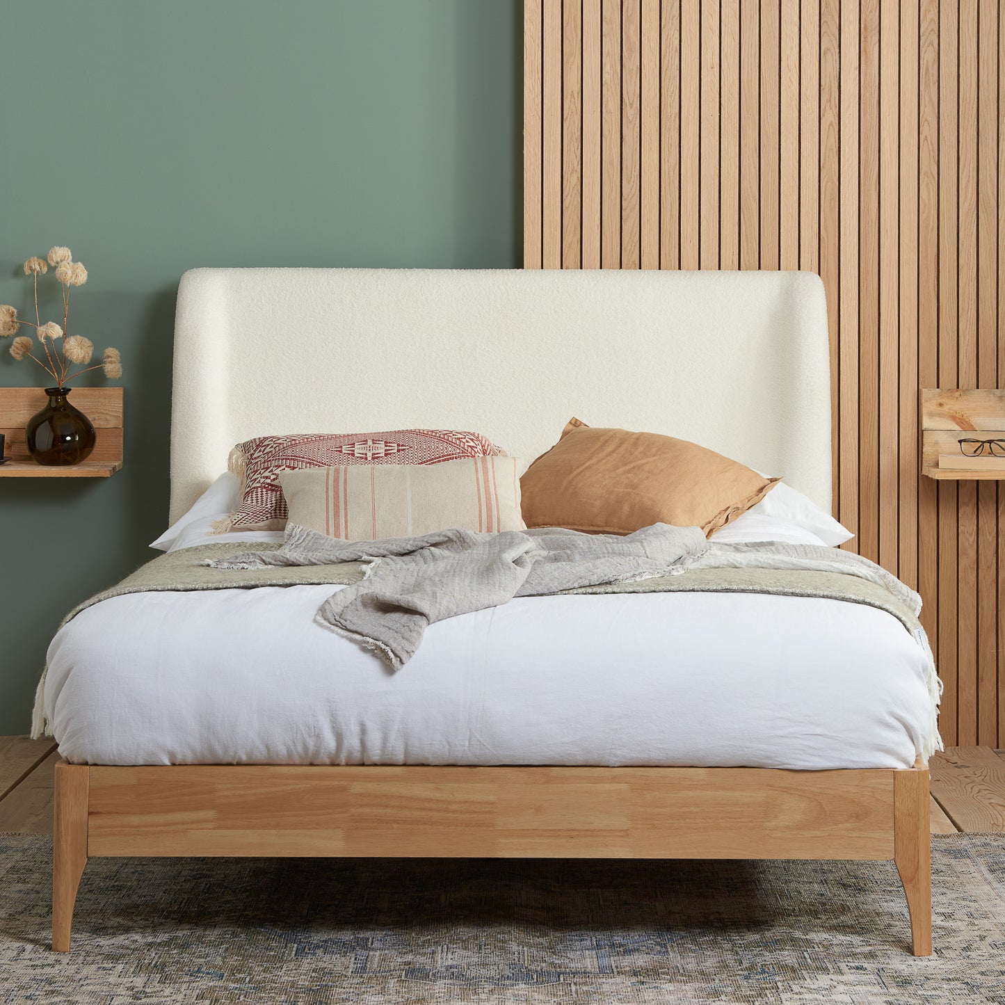 Halfden White Boucle Double Bed + Heaven Double Mattress