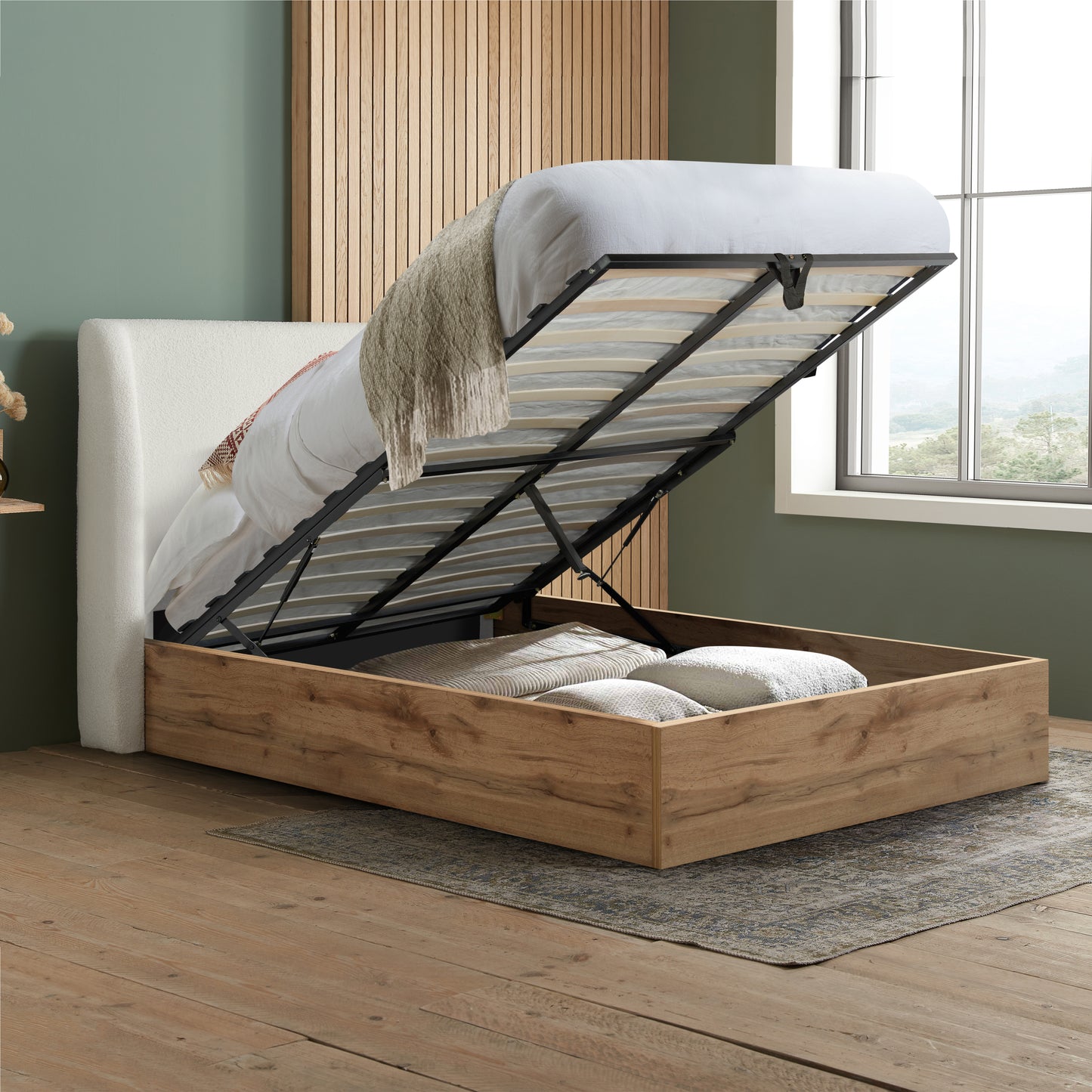 Halfden White Boucle Ottoman King Bed + Bliss King Mattress