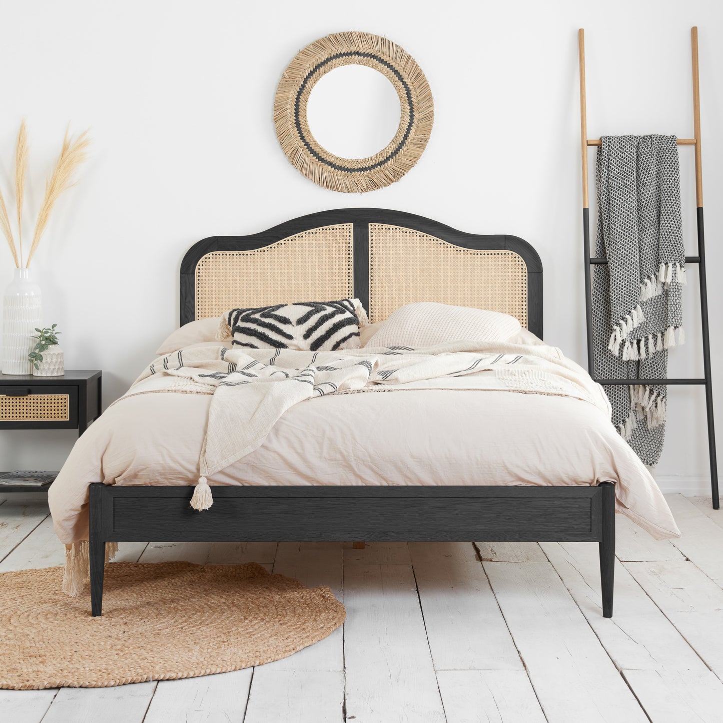 Leonie Black Rattan Super King Bed + Super King Heaven Mattress