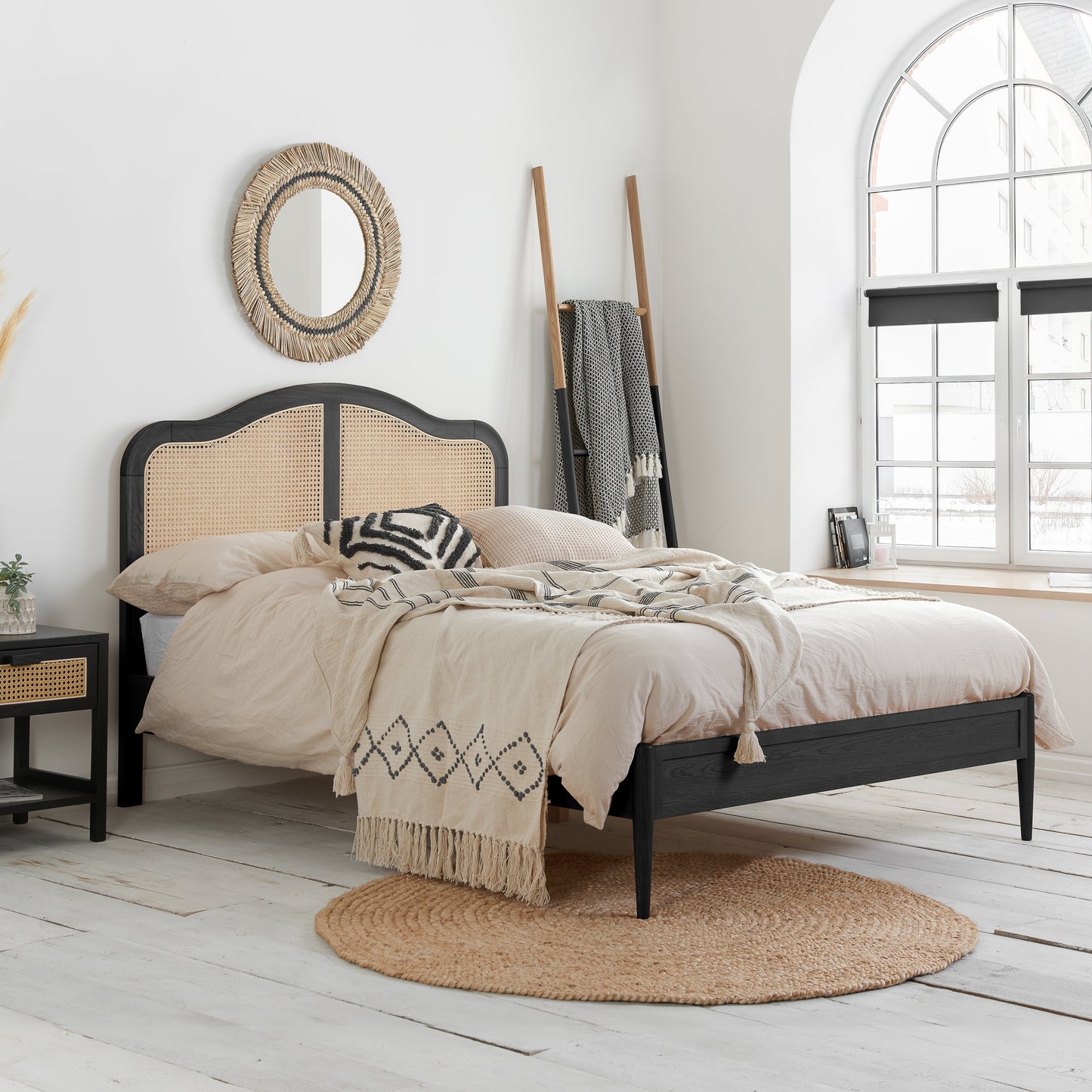 Leonie Black Rattan Super King Bed + Super King Heaven Mattress
