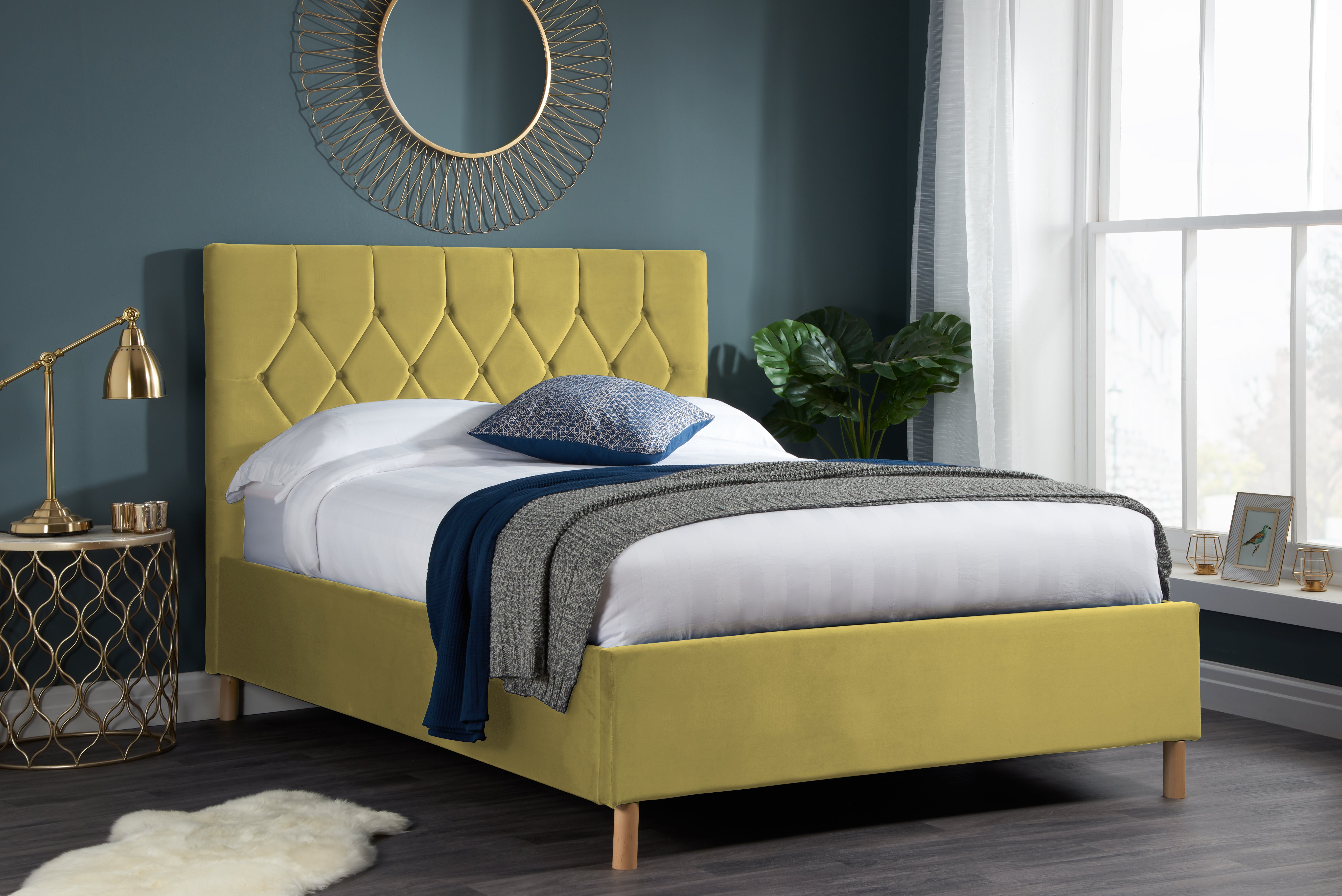 Loxley Mustard King Ottoman Bed + Comfort King Mattess