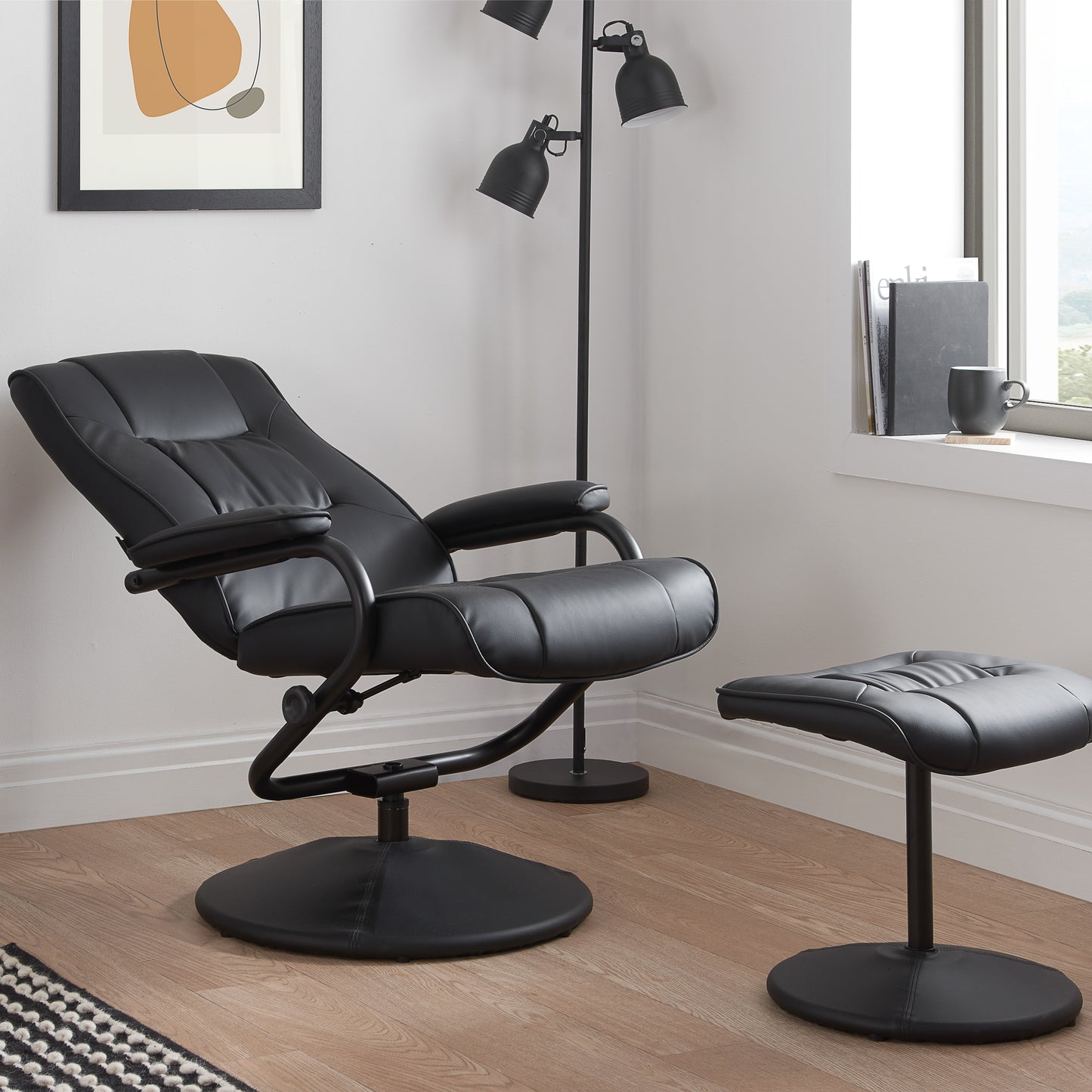Marazion Black Leather Swivel Chair & Footstool
