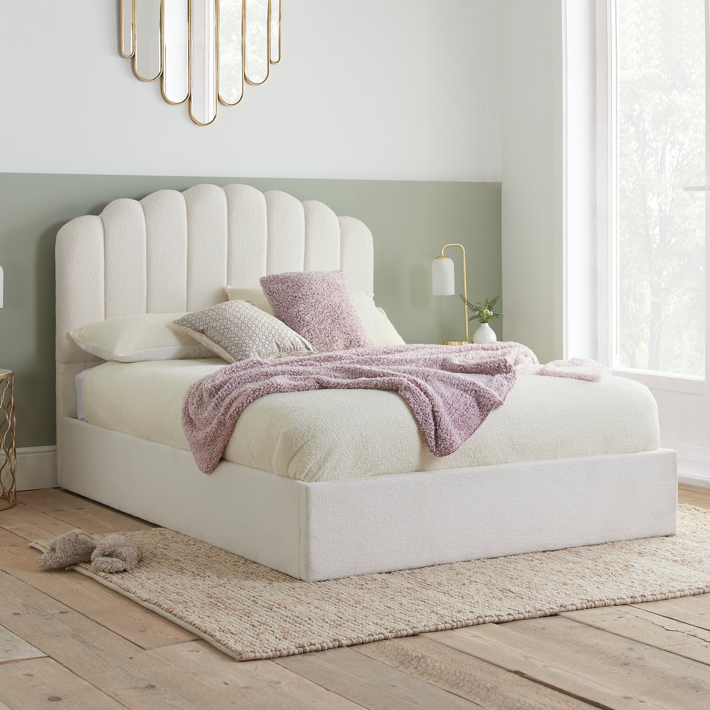Monaco White Boucle Fabric Ottoman Double Bed + Heaven Double Mattress