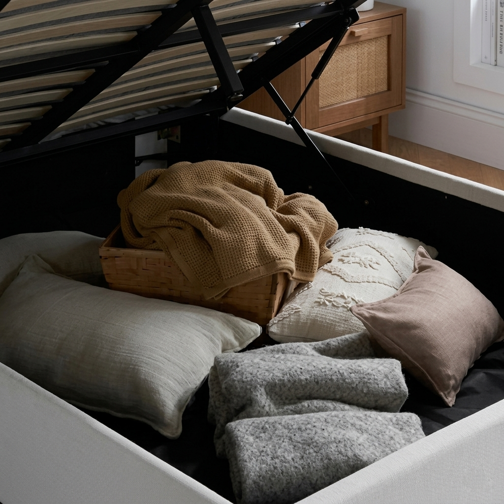 Maisey Cream Fabric Ottoman Double Bed + Sleep Happy Balance 800 Pocket Sprung Memory Foam Mattress