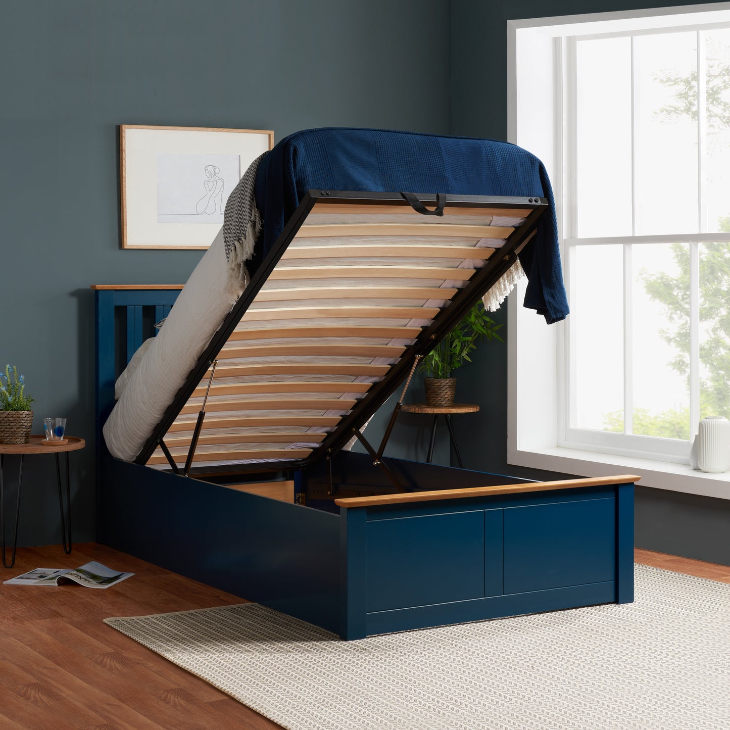 Pheonix Navy Blue Ottoman Storage Single Bed + Comfort Single Mattress