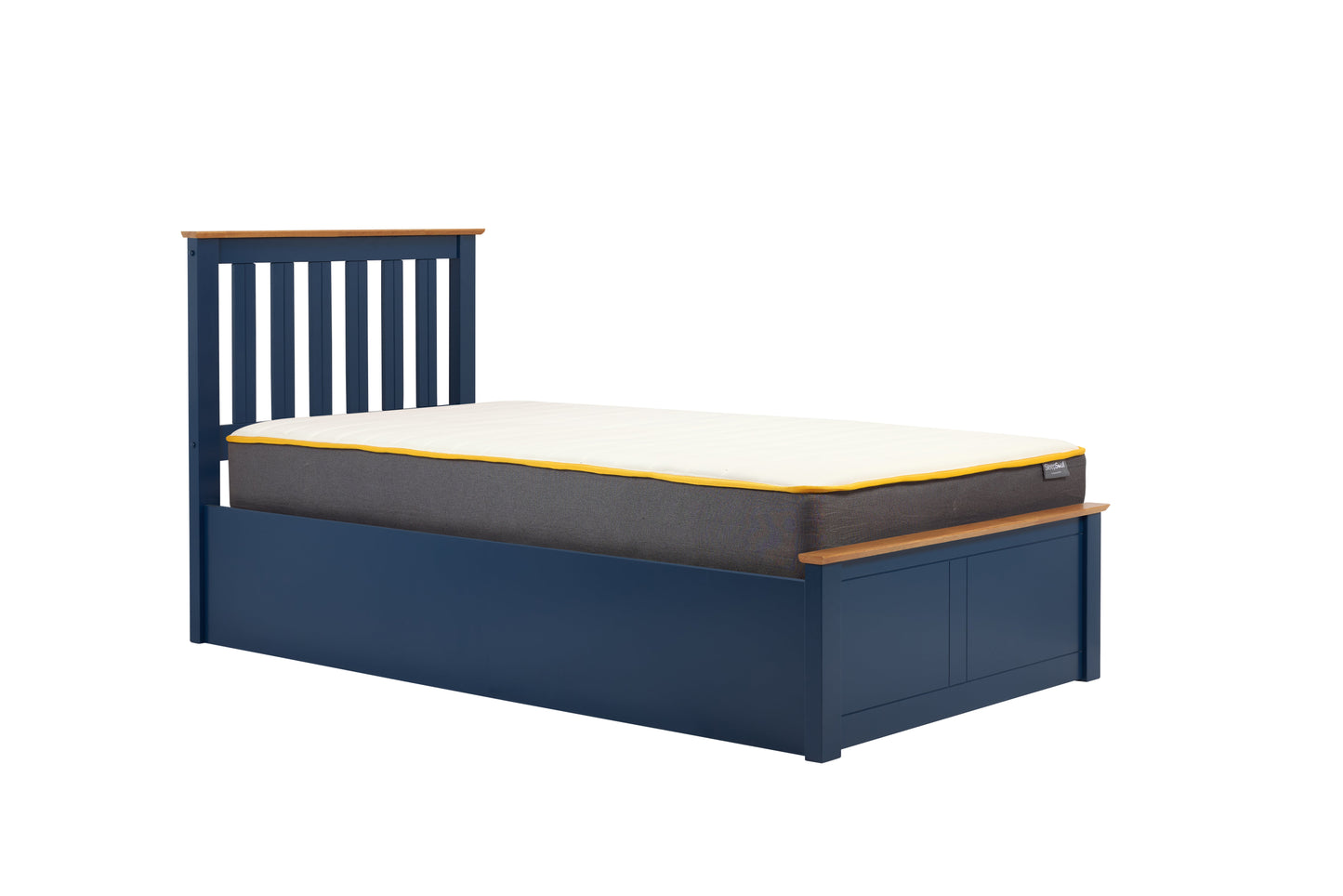 Pheonix Navy Blue Ottoman Storage Single Bed + Comfort Single Mattress