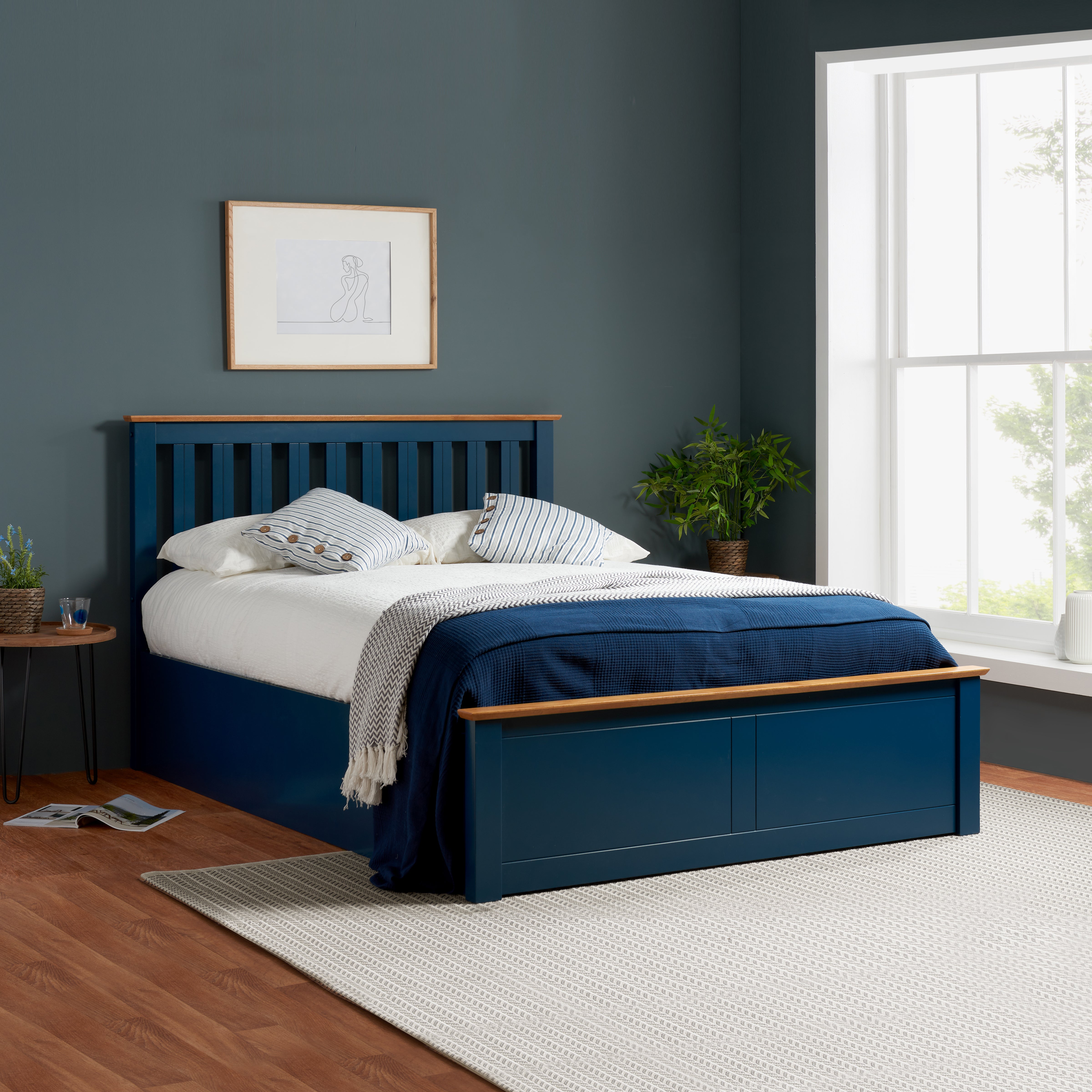 Phoenix Navy Blue Double Ottoman Bed