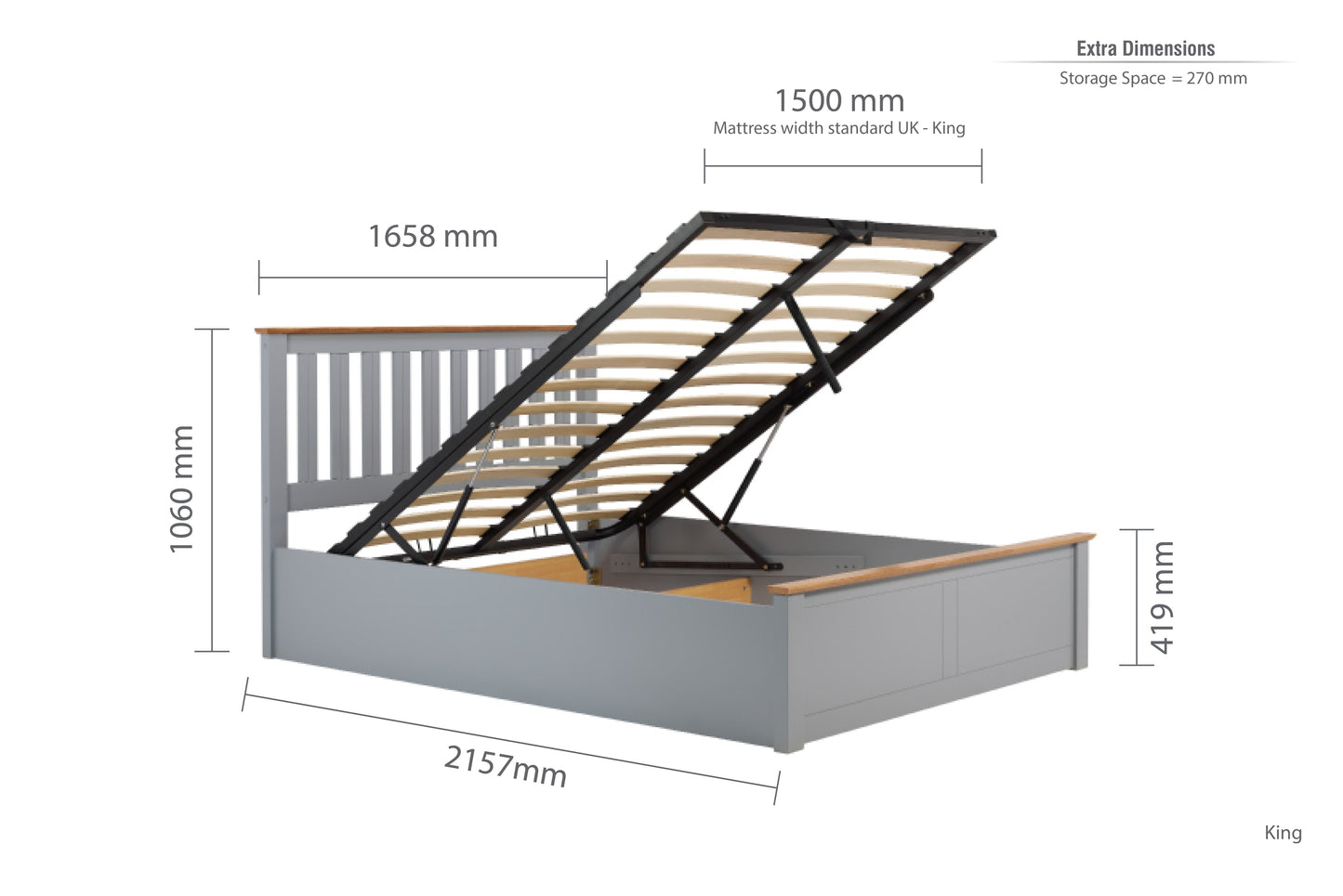 Pheonix Stone Grey Ottoman King Bed + Comfort King Mattress