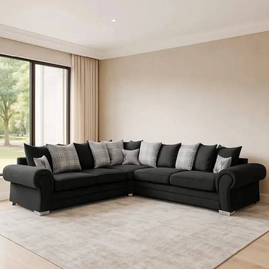 Serona Black Fabric Scatter Cushions Corner Sofa