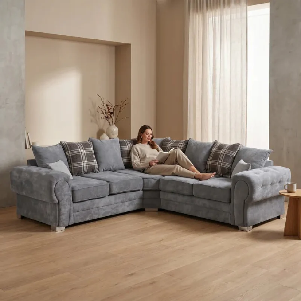 Serona Grey Fabric Scatter Cushions Corner Sofa