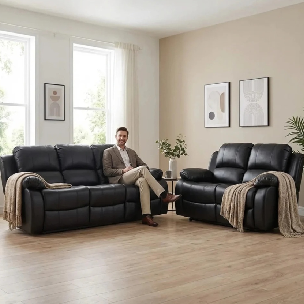 Valencia Black Leather Recliner 3+2 Seater Sofa Set