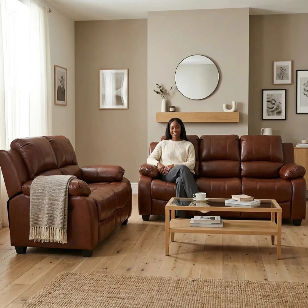 Valeria Brown Leather 3+2 Seater Sofa Set