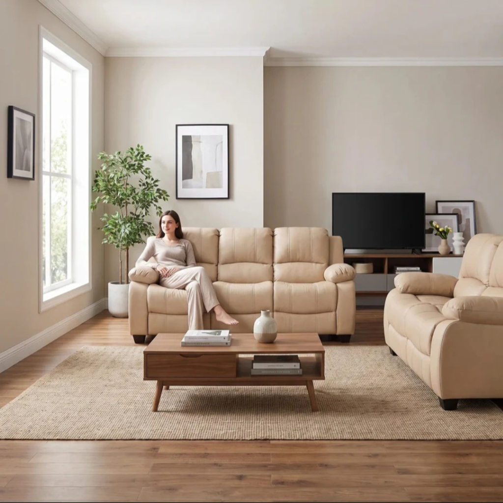 Valeria Cream Leather 3+2 Seater Sofa Set