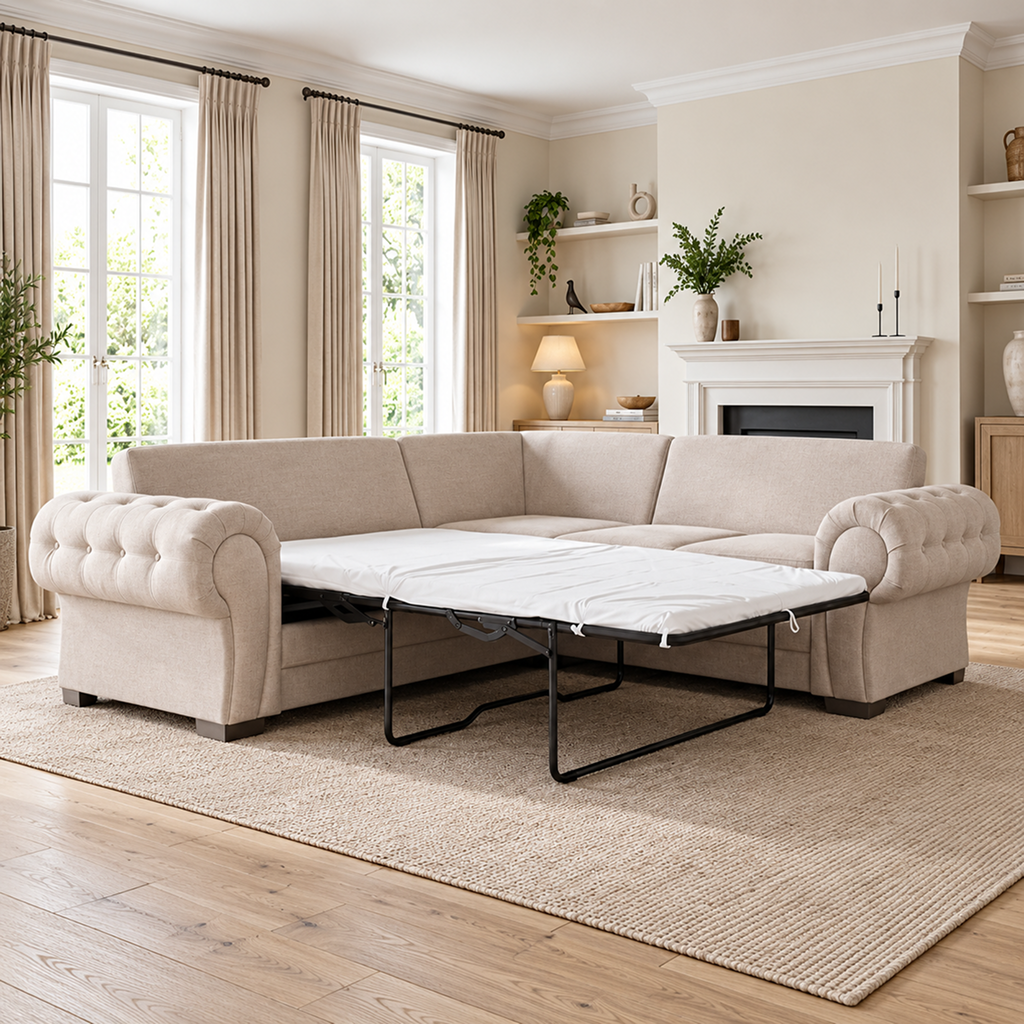 Verity Cream Fabric Sofa Bed - Corner 5 Seater Highback