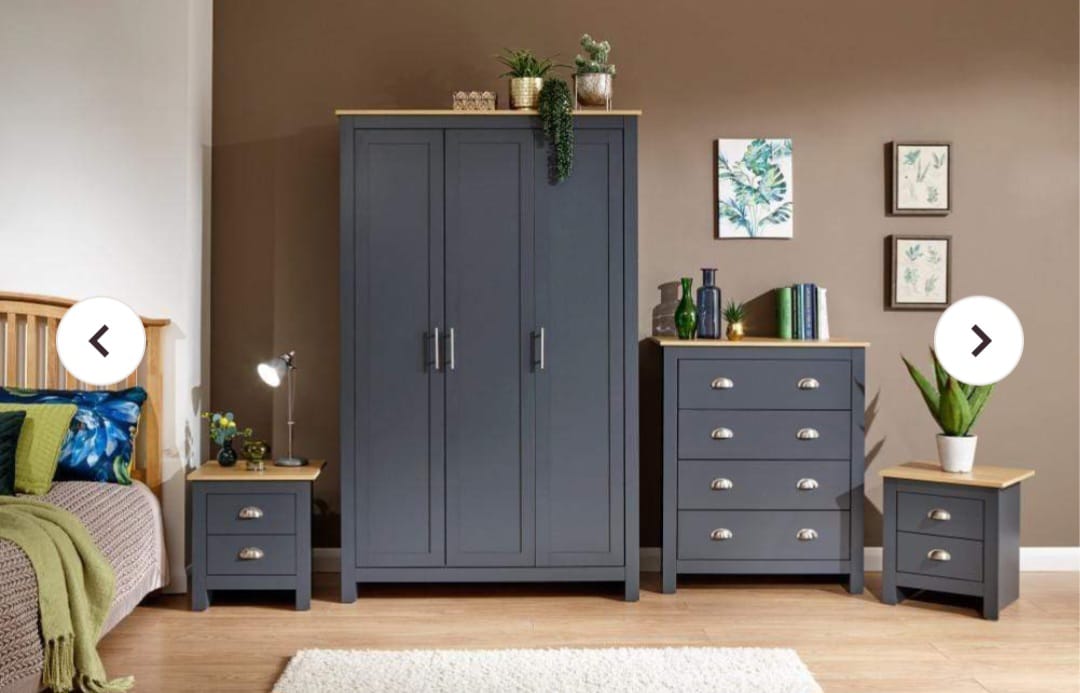 Highgate 4 Piece Bedroom Set Midnight Blue. 3 Door Wardrobe + 4 Drawer Chest + 2 X 2  Drawer Bedside