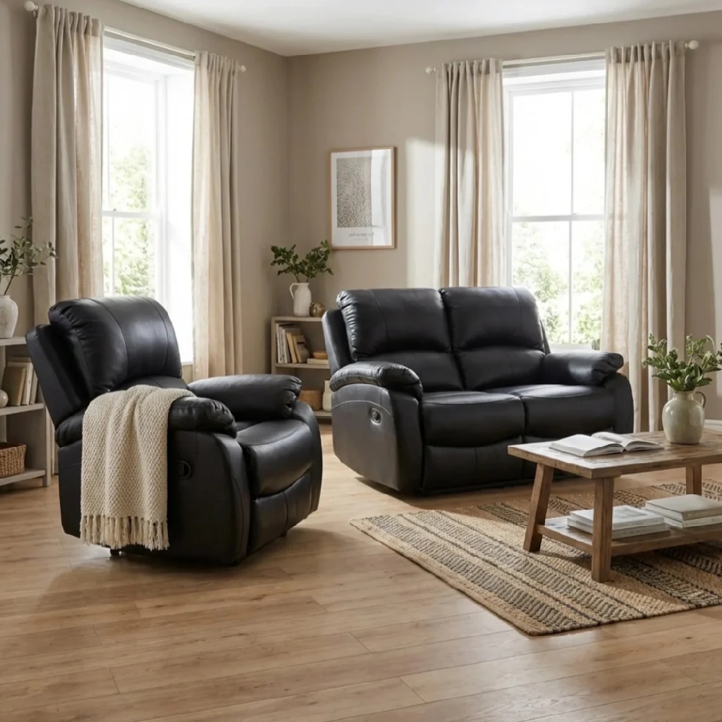 Zoma Black Leather Recliner 2 Seater Sofa + Zoma Black Leather Recliner Armchair