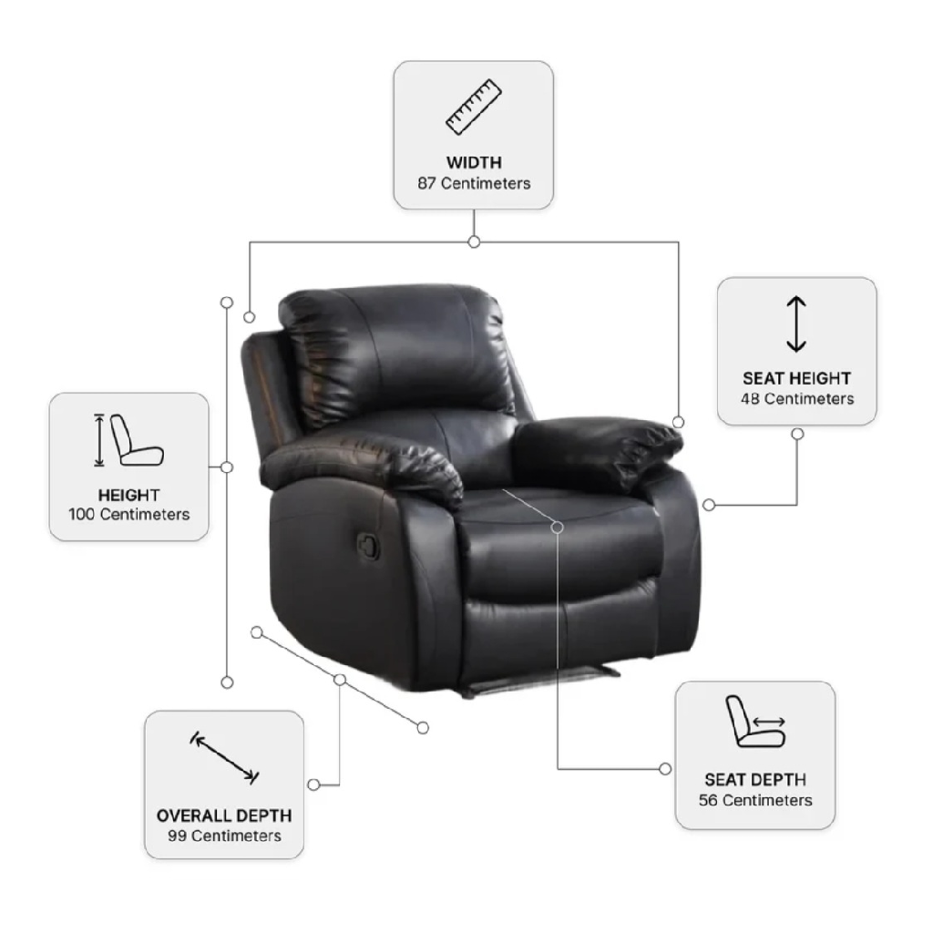 Zoma Black Leather Recliner 2 Seater Sofa + Zoma Black Leather Recliner Armchair