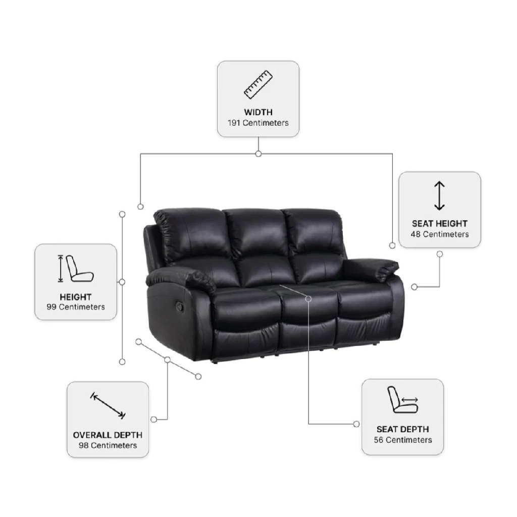 Zoma Black Leather Recliner 3 + 2 + 1 Seater Sofa Set