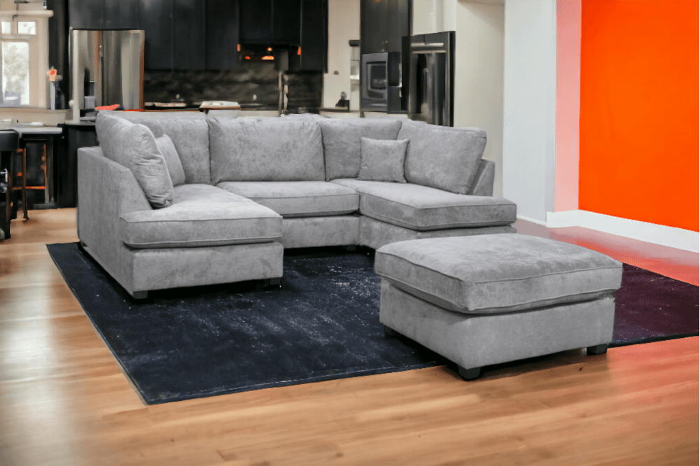 Carnaby Cinema Grey Fabric U Shape High Back Corner Sofa + Footstool