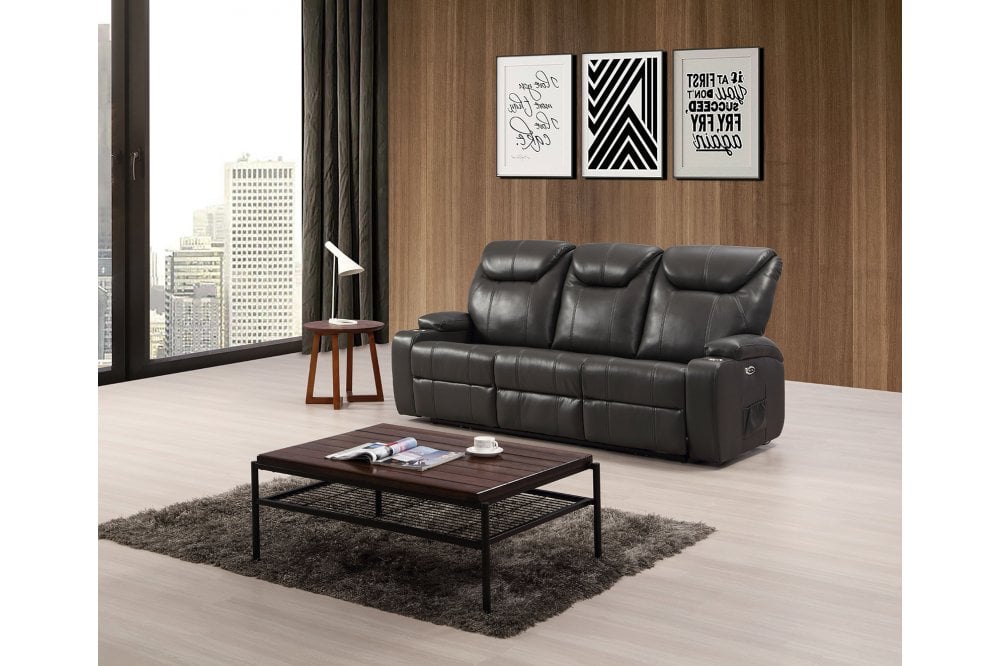 Cinema Grey Electric Leather 3 Seater Recliner Sofa With Two Cup Holders