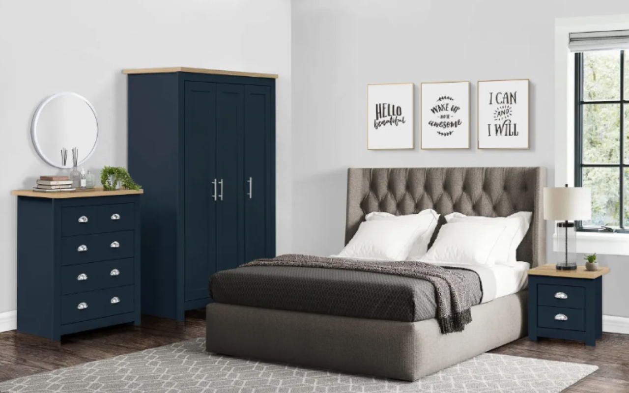 Highgate 3 Door Wardrobe + 4 Drawer Chest + 2 Drawer Bedside-Blue