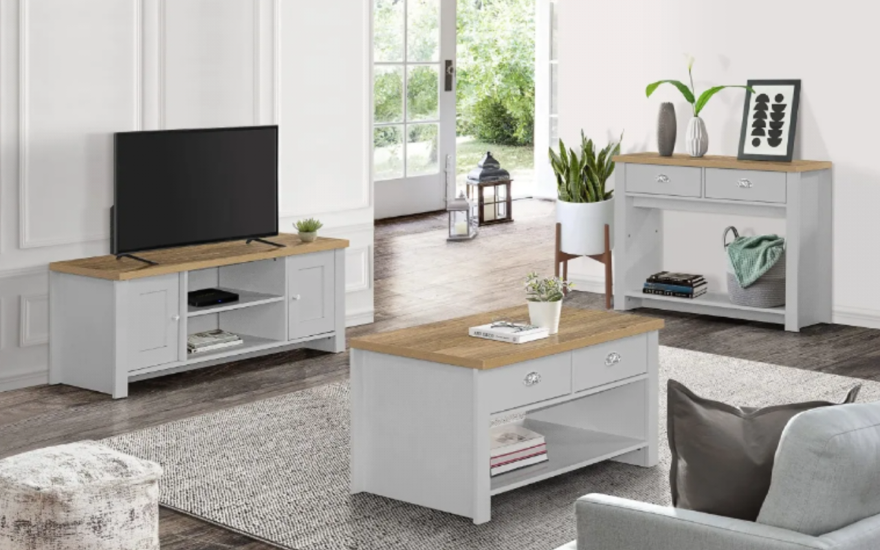 Highgate Living Room Set : Grey - MDP . Large TV Unit,  2 Drawer Coffee Table  & 2 Drawer Console Table
