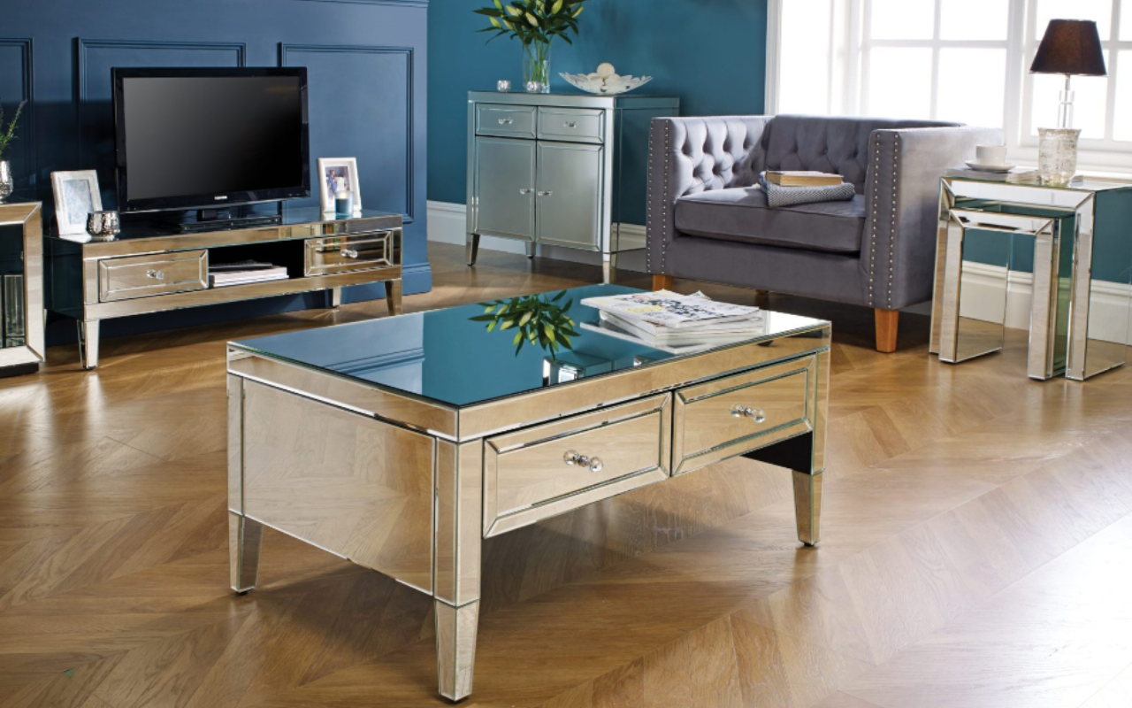 Valencia Living Room Set : Glass - Mirror . TV Unit , 2 Drawer 2 Door Sideboard & Coffe Table