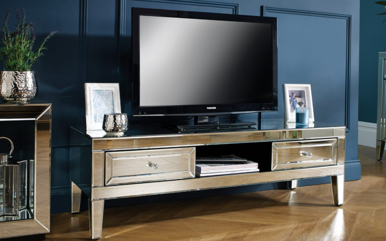 Valencia Living Room Set : Glass - Mirror . TV Unit , 2 Drawer 2 Door Sideboard & Coffe Table