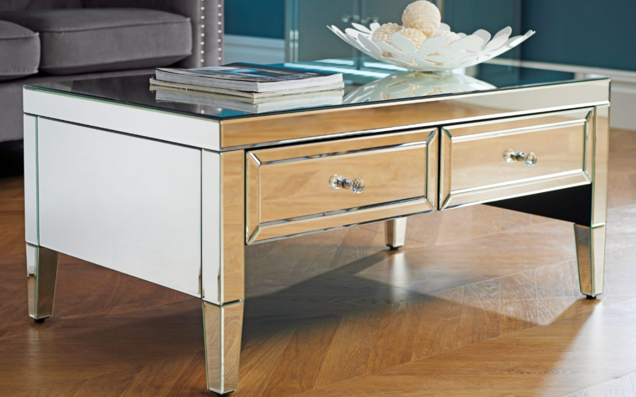 Valencia Living Room Set : Glass - Mirror . TV Unit , 2 Drawer 2 Door Sideboard & Coffe Table