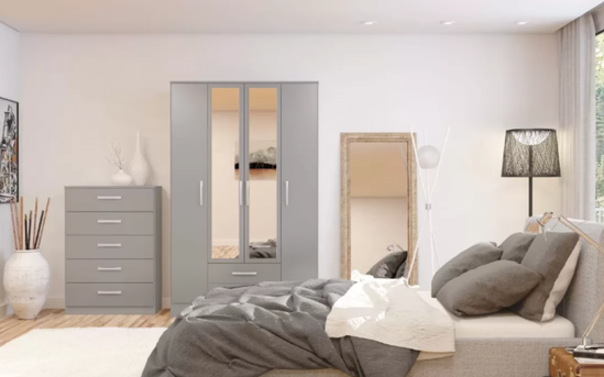 Lynx Grey Bed Room Set. 4 Door 2 Drawer Wardrobe with Mirrow + 5 Drawer Chest Set