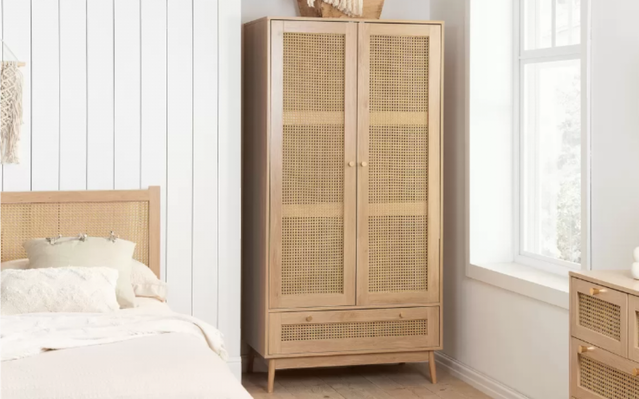 Croxley Rattan Bedroom Set : Oak  2 Door 1 Drawer Wardrobe ,  5 Drawer Chest  & 2 Drawer Bedside Set