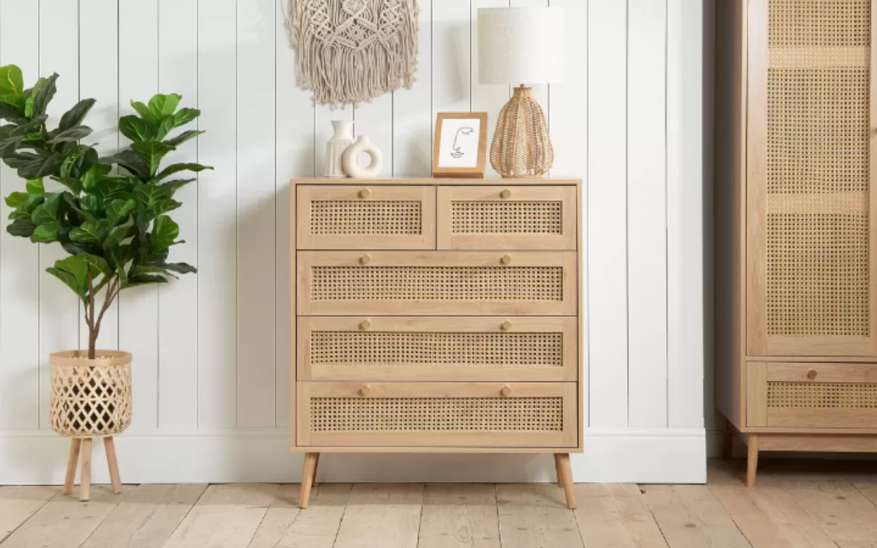 Croxley Rattan Bedroom Set : Oak  2 Door 1 Drawer Wardrobe ,  5 Drawer Chest  & 2 Drawer Bedside Set