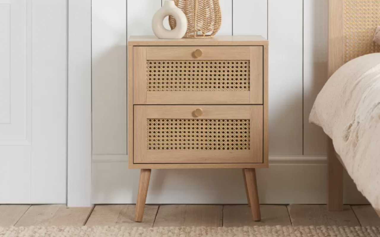 Croxley Rattan Bedroom Set : Oak  2 Door 1 Drawer Wardrobe ,  5 Drawer Chest  & 2 Drawer Bedside Set