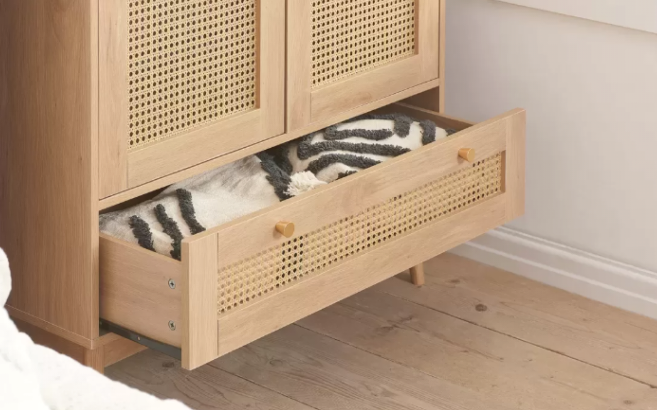 Croxley Rattan Bedroom Set : Oak  2 Door 1 Drawer Wardrobe ,  5 Drawer Chest  & 2 Drawer Bedside Set