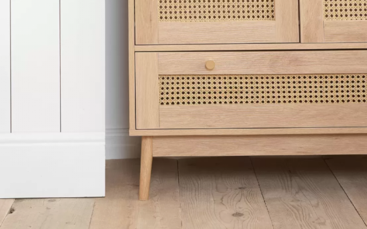 Croxley Rattan Bedroom Set : Oak  2 Door 1 Drawer Wardrobe ,  5 Drawer Chest  & 2 Drawer Bedside Set